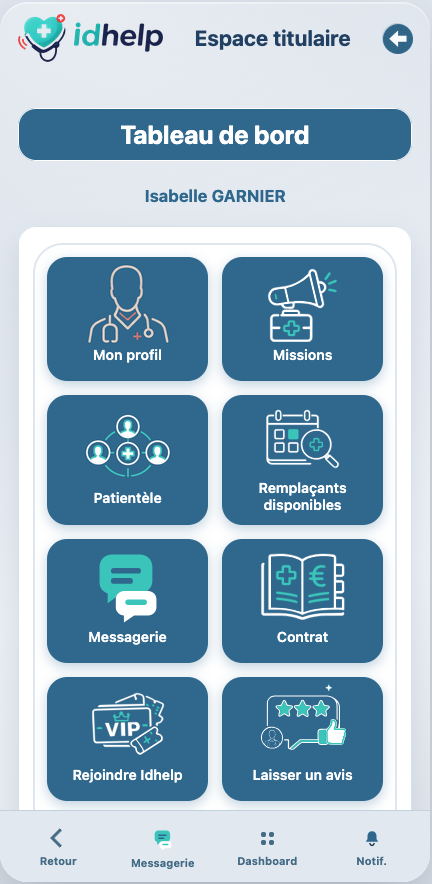 Aperçu du dashboard de l'application IDHELP