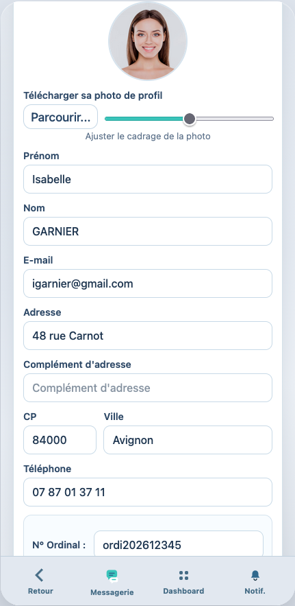 Aperçu de la fiche profil remplaçant de l'application IDHELP