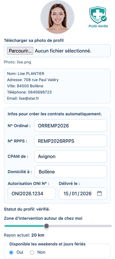 Aperçu de la fiche profil remplaçant de l'application IDHELP
